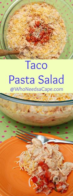 this taco pasta salad is loaded with shredded cheese and tomatoes