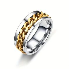 Elevate your style with this hip hop inspired band ring made of durable stainless steel. The rotatable middle chain design adds a unique touch to this accessory that will appeal to both men and women. The ring features a gold and silver color combination, making it versatile and easy to pair with any outfit. The ring is available in size 10 and is perfect for those who want to make a bold statement with their jewelry. Crafted with attention to detail, this ring is perfect for fans of hip hop and streetwear fashion. Add this ring to your collection today and take your style to the next level. WE WILL COMBINE SHIPPING ON ITEM IF ALL POSSIBLE.  YOU MAY HAVE TO PAY REGULAR SHIPPING, HOWEVER ONCE SHIPPPED WE WILL REFUND THE DIFFERENCE Bottle Opener Ring, Gents Bracelet, Ring Party Jewelry, Cool Rings For Men, Ring Model, Period Tracker, Ring Man, Moda Punk, Titanium Ring