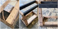 three pictures of different types of wood being used to make a bench and table top