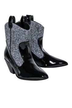 Current Boutique-Guiseppe Zanotti - Black Western Style Booties w/ Silver Glitter Sz 9 Chic Shiny Boots For Party, Evening Boots With Glitter And Pointed Toe, Glitter Boots With Pointed Toe For Evening, Glitter Pointed Toe Boots For Evening, Glitter Pointed Toe Evening Boots, Chic Sequined Pointed Toe Boots, Black Glamorous Boots With Sequins, Glitter Boots For Evening In Fall, Glamorous Patent Leather Party Boots