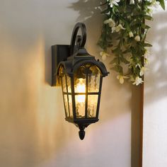 a light that is on the side of a wall next to a flower pot with white flowers in it