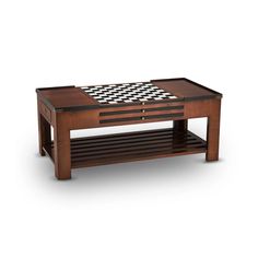 a wooden coffee table with chess board on the top and shelf below it, against a white background