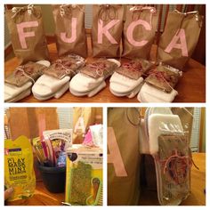 several different pictures of shoes and bags with the word fuka written on them in pink