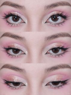 Pink Makeup Asian, Pink Silver Makeup, Simple Pink Makeup Looks, Pink Korean Makeup, Pink Sparkly Makeup, Small Eye Makeup, Pink Douyin Makeup, Pink Glitter Makeup, White Eye Makeup