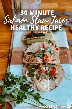 salmon tacos with cabbage slaw, peppers, oniona Taco Recipes Healthy, Dinner Recipes Fresh, Salmon Tacos With Slaw, Slaw Tacos, Fresh Tacos, Tacos With Cabbage Slaw, Taco Dinner Recipes, Tacos With Slaw, Tacos Homemade