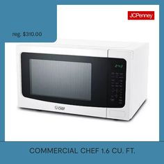 a white microwave oven sitting on top of a blue and white tablecloth with the words commercial chef 1 4 cu ft