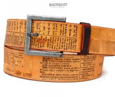 Vintage ENCYCLOPAEDIA belt for women and men by BackbeatLeather, £37.00 Diy Leather Belt, Leather Watch Cuff, Custom Leather Belts, Belt Ring, Vintage Text, Father Christmas Gifts