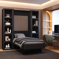 a bedroom with a bed, desk and shelves