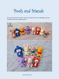 an image of stuffed animals in different colors and sizes on a sheet with the title, pooh and friends