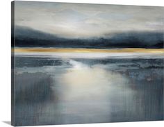 an abstract painting with grey, yellow and white colors on the water's surface