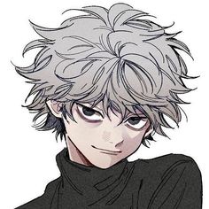 an anime boy with grey hair and black shirt looking at the camera, his eyes are open