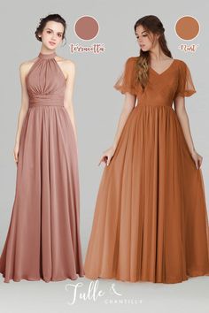 two bridesmaid dresses in different colors, one is brown and the other is tan