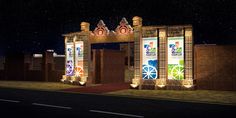 an image of a night time scene with lights on the entrance to a shopping center