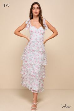 Your radiance is sure to stun when you wear the Lulus Endlessly Gorgeous White Floral Burnout Tie-Strap Midi Dress! Sheer woven organza, with a burnout floral pattern throughout, shapes tying shoulder straps that support a bustier-style bodice with a sweetheart neckline and seamed cups. Fitted waist tops a ruffled skirt that cascades to a midi hem. Hidden zipper/clasp at back. Fit: This garment fits true to size. Length: Mid-calf length. Size medium measures 43" from adjustable straps to hem. Bu Feminine Strapped Dress For Garden Party, Summer Tiered Midi Dress For Party, Tiered Summer Midi Dress For Party, Summer Party Midi Dress With Tiered Design, Spring Chiffon Midi Dress With Ruffled Straps, Summer Party Tiered Midi Dress, Spring Fitted Organza Midi Dress, Summer Chiffon Dress With Tie Straps, Fitted Organza Midi Dress For Spring