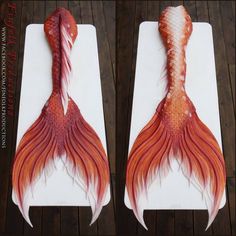 two pictures of fish tails with red and white streaks on them, one is shaped like a tail