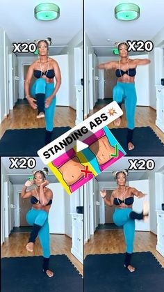 a woman in blue pants and bra top standing on a mat with the words standing abs