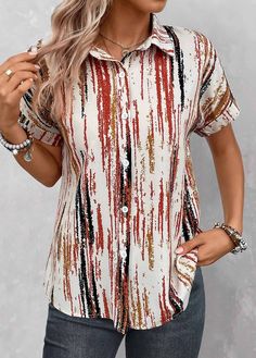 Package Contents : 1 X Blouse Color : Multi Color Printing Design : Striped, Print Placement Will Vary Clothing Length : Tunic Back Length(inch) :XXSXSSMLXLXXL25.025.626.226.827.728.829.4Note: The inaccuracy is between 1 and 1.5 inches due to manually measurement.Sleeve's Length : Short Sleeve Neckline : Shirt Collar Sleeve Style : Body Sleeve Season : Summer Style : Casual Occasion : Everyday Composition : 97% Polyester 3% Spandex Washing Instructions : Hand Wash/Machine Wash See More Shirt Collar Blouse, Casual Wear Women, Half Sleeve Dresses, Striped Short, Color Shirt, Tunic Shirt, Collar Blouse, Vintage Shorts, Shirt Collar