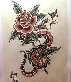 a drawing of a snake and rose with a hand on the other side that is holding a butterfly