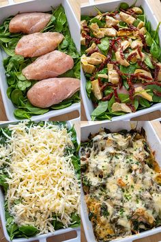 four white dishes filled with different types of food including chicken, spinach and cheese