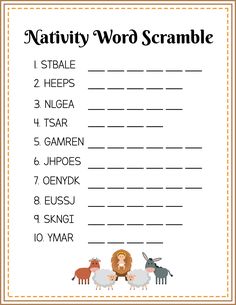 a printable nativity word scramble for kids with animals and sheeps on it