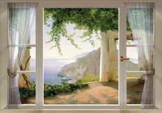 an open window with a view of the ocean and mountains outside it, in front of a curtained wall