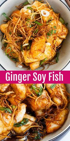 ginger soy fish in a white bowl with green garnish and text overlay