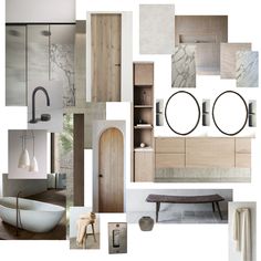 a collage of different bathroom items including bathtub, sink, mirror and cabinets