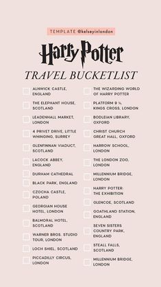 the harry potter travel bucket list is shown in black and white on a pink background