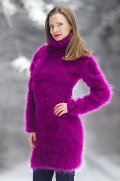 Turtle Neck Sweater Dress, Fuzzy Sweater Outfit, Fuzzy Mohair Sweater, Purple Sweater Dress, Sweater Dress Long, Icelandic Sweaters, Tunic Designs, Handmade Knitwear, Aran Sweater