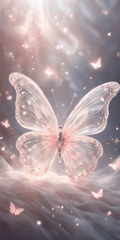 a white butterfly with pink wings flying through the air