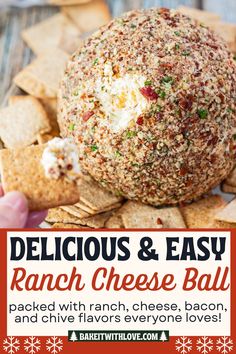 a hand holding a cracker over a cheese ball with the words delicious & easy on it