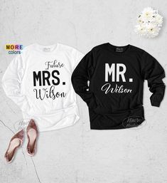 two shirts with the words mr and mrs written on them, one is black and white