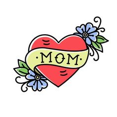 a heart with the word mom written on it and flowers around it, in front of a