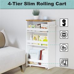 the four tier rolling cart is next to a white couch and table with books on it