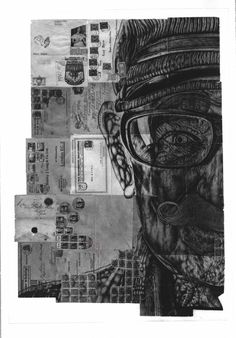 a black and white drawing of a man's face surrounded by newspaper clippings