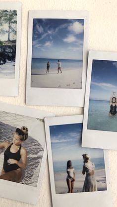 four polaroid photos of people on the beach