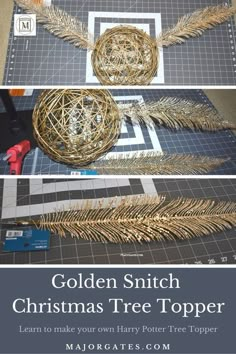 the golden christmas tree topper is being made with scissors and wire, along with other materials