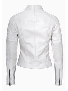 Discover the Women's White Cafe Racer Leather Jacket, a captivating embodiment of edgy style and timeless allure. Crafted from premium leather, this jacket seamlessly captures the spirit of the classic cafe racer design. Specification: 100% Real Lambskin Leather. The style for all seasons. Internal full lined with skin-friendly soft polyester. Decorative seam and shoulder details. Erect collar with smooth zip YKK closure. Four exterior pockets. One extra inside pocket for a cell phone. Check mea Fitted Moto Leather Jacket With Zipper Closure, Fitted Leather Jacket With Zipper For Biker Events, Fitted Leather Moto Outerwear, Winter Fitted Cafe Racer Biker Jacket, Fitted Moto Leather Jacket For Biker Events, Fitted Cafe Racer Biker Jacket For Motorcycling, Fitted Moto Leather Jacket For Motorcycling, Fitted Leather Cafe Racer Jacket, Classic Fitted White Leather Jacket