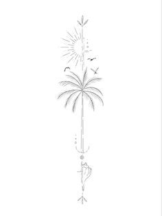 a drawing of a palm tree with birds flying around it