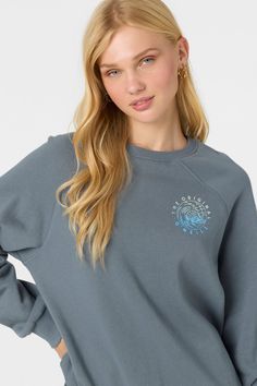 Your new go-to sweatshirt, featuring a classic oversized fit, soft cotton feel and printed art detail. O'Neill Women's crewneck sweatshirt 28" In Length Oversized fit Soft cotton feel Rib cuffs and neck 100% Cotton | O'Neill Women's Boardwalk Crewneck Fleece in Washed Slate, Size XS Graphic Print Crew Sweats, Graphic Print Crew Sweatshirt In French Terry, French Terry Crew Sweatshirt With Graphic Print, Gray Crew Neck Casual Sweats, Casual Gray Crew Sweats, French Terry Crew Neck Sweats With Graphic Print, Crew Neck Sweatshirt With Screen Print For Loungewear, Loungewear Crew Sweatshirt With Graphic Print, Casual Soft-washed Crew Neck Sweatshirt