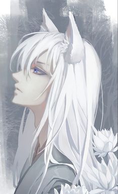 an anime character with long white hair and blue eyes is staring at something in the distance