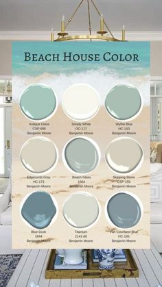 the beach house color scheme is shown in shades of blue, white and beiges