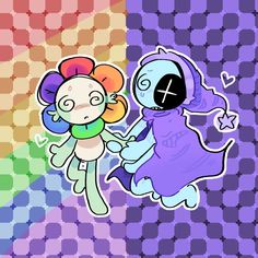 two cartoon characters standing next to each other in front of a rainbow colored wallpaper