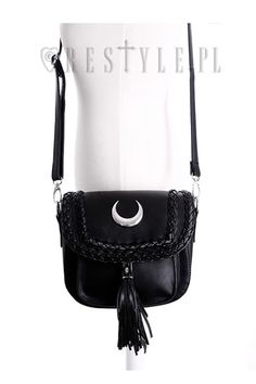 Size: Width 20 cm Height 20 cm Depth 10 cm Shoulder 120 cm Gothic Halloween Shoulder Bag With Adjustable Strap, Alternative Style Black Bags For Festivals, Gothic Shoulder Bag For Everyday Use, Gothic Shoulder Bag For Alternative Fashion, Gothic Black Shoulder Bag For Festivals, Bag With Tassel, Crescent Bag, Moon Bag, Mini Moon