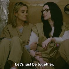 two women sitting next to each other on a couch with the caption let's just be together