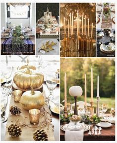 a collage of photos with gold and white decorations, candles, pineconis