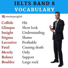 a man in a suit and tie standing next to a sign that says ielts band 8