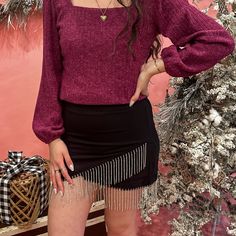 Double layered solid skirt featuring a mini length, jewel fringe wrap detailing, a side zipper closure and a slightly fitted body. Fringe Mini Skirt, Solid Skirt, Side Zipper, Mini Skirt, Mini Skirts, Skirt, Celebrities