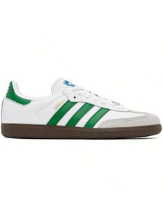 adidas Originals 
White & Green Samba OG Sneakers 
Low-top buffed leather sneakers in white and green. 
. Suede trim at toe 
. Lace-up closure 
. Logo printed at tongue 
. Padded collar 
. Signature serrated stripes at sides 
. Logo printed at outer side 
. Faux-leather and jersey lining 
. Treaded rubber sole 
Supplier color: Cloud white/Green 
Upper: leather, synthetic. Sole: rubber. 
Made in India. 
242751M237023 
Originals White & Green Samba OG Sneakers default         Sports & Outdoor Shoe Green Sneakers With Three Stripes And Round Toe, Green High-top Sneakers With Three Stripes, Green High-top Sneakers With Three Stripes Branding, Low-top Green Sneakers With Three Stripes Branding, Green Leather Sneakers With Three Stripes Branding, Green Skate Shoes With Three Stripes Branding, Green Skate Shoes With Three Stripes And Round Toe, Green High-top Skate Shoes With Three Stripes, Green Skate Shoes With Three Stripes For Sports