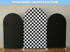 three black and white checkerboard privacy screens on a wood floor with text custom double - side arch cover stand